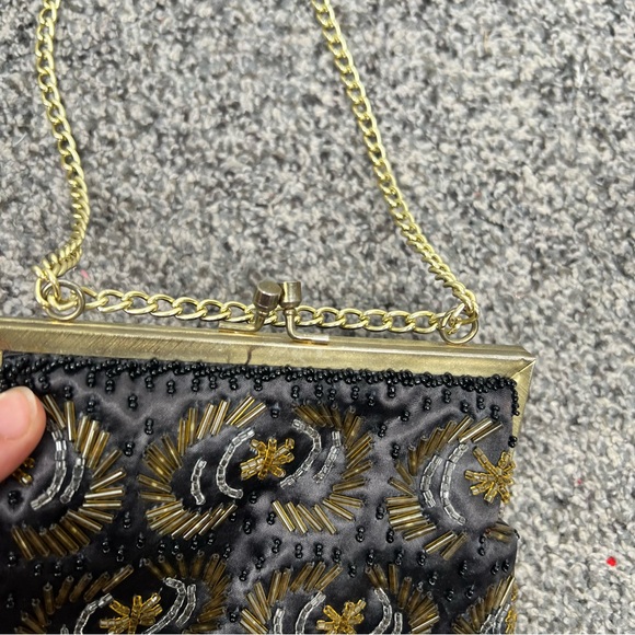 Vintage Black & Gold Beaded Evening Bag | Art Deco Clutch | Chain Strap